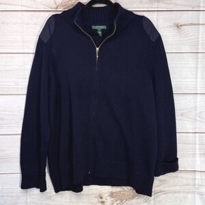 Lauren Ralph Lauren Navy Blue Full Zip Cotton Sweater Shoulder Patches 3X Womens
